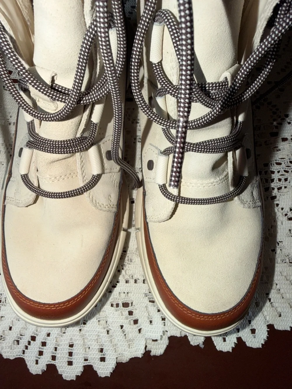 Sorel Cream and Brown Faux-Fur Lace-Up Winter Boots